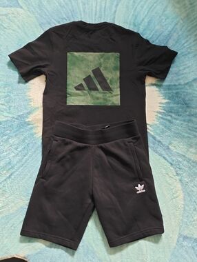 adidas Black Shorts with Green Logo Tee Set